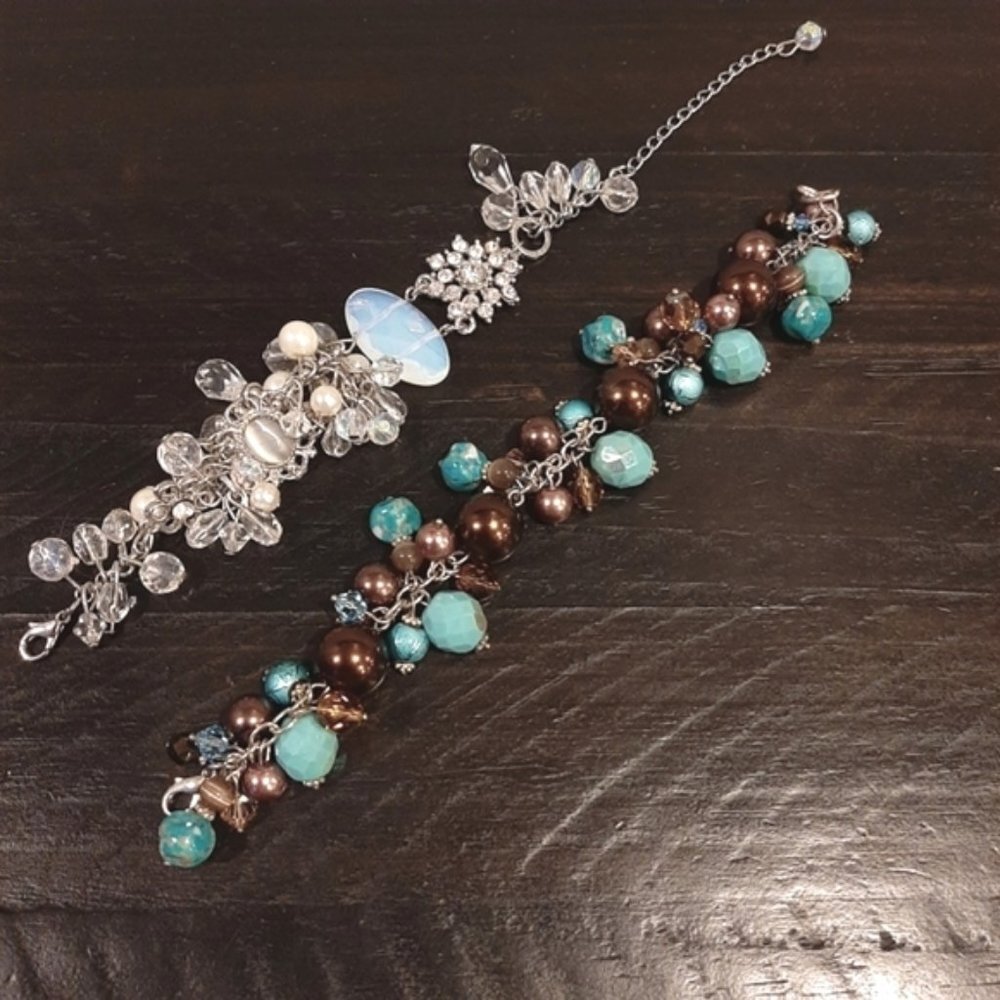 Set Of Beaded Cluster Bracelets Turquoise Faux Pearl Gemstone Whimsical Boho